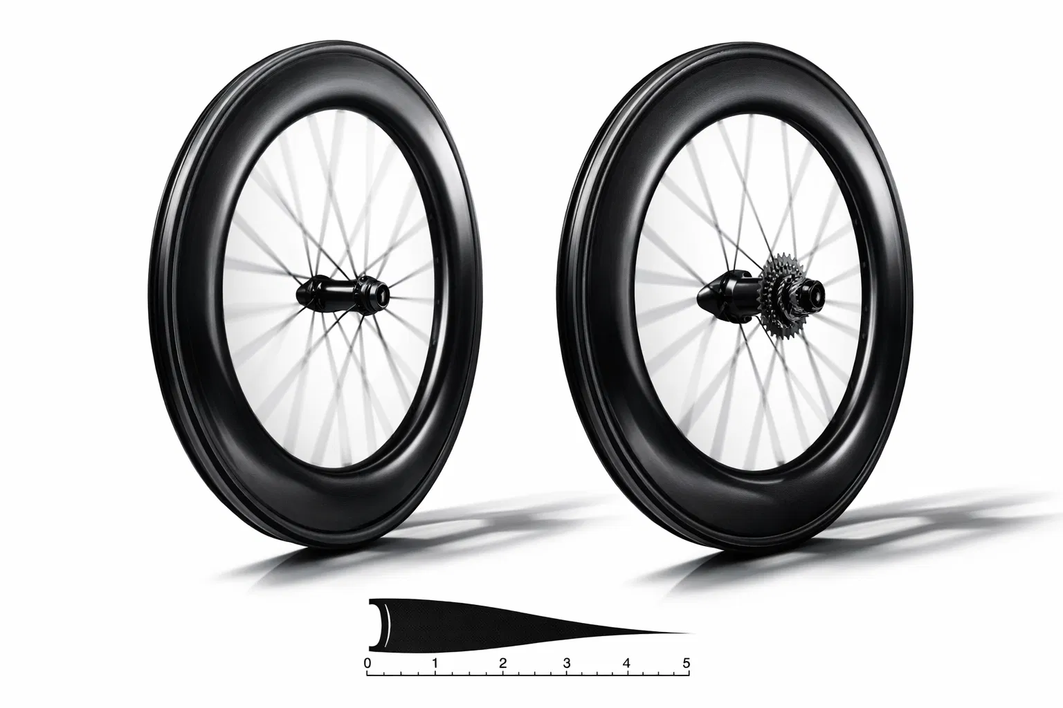 Aerodynamic wheel design showing deep rim profiles and aerodynamic shapes