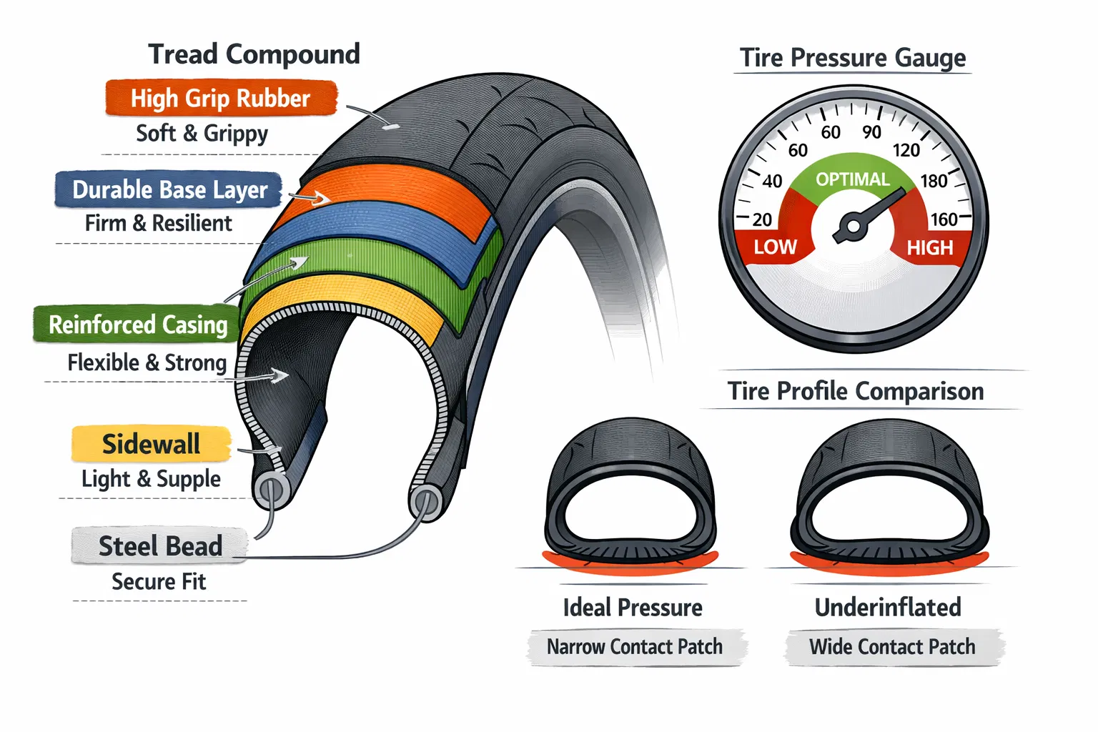 Cross-section technical illustration of premium road bike tire showing internal structure and pressure gauge